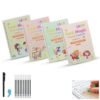 A collection of four colorful copybooks designed for children to practice writing, drawing, and math.
