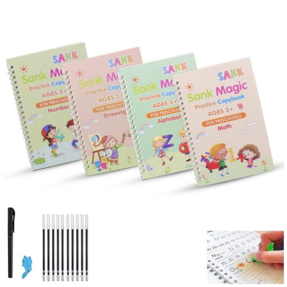 A collection of four colorful copybooks designed for children to practice writing, drawing, and math.