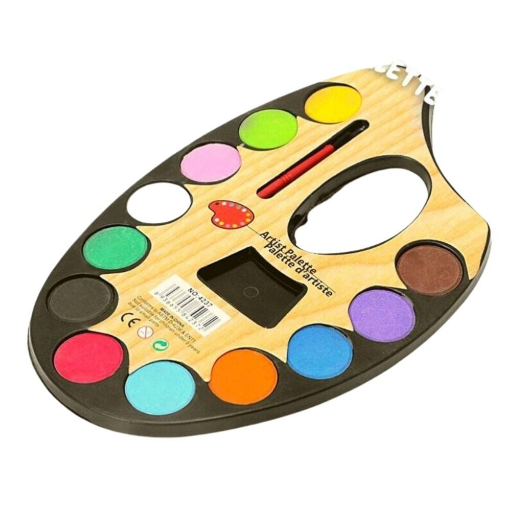 12-piece watercolor artist palette with paintbrush set, featuring vibrant watercolor cakes and a durable black plastic palette.