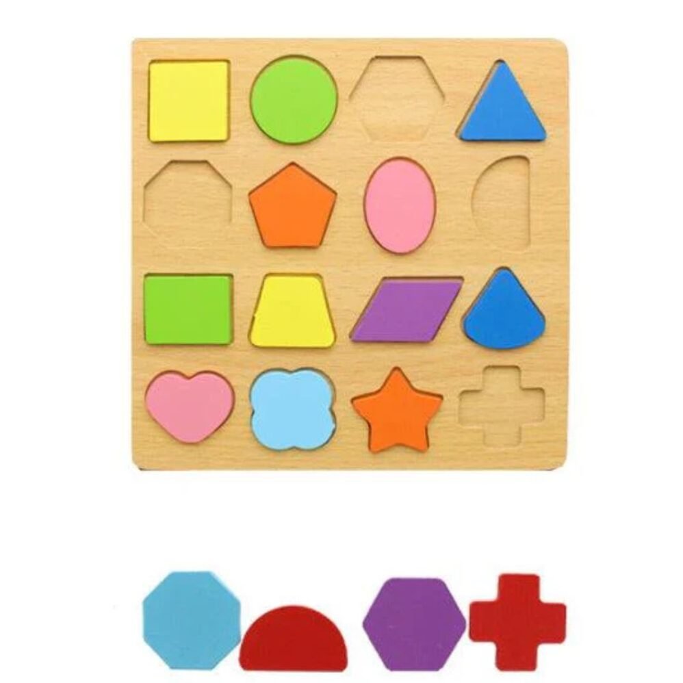 Shapes puzzle pieces on the 3D Wooden Puzzle Board, designed to teach children about different shapes