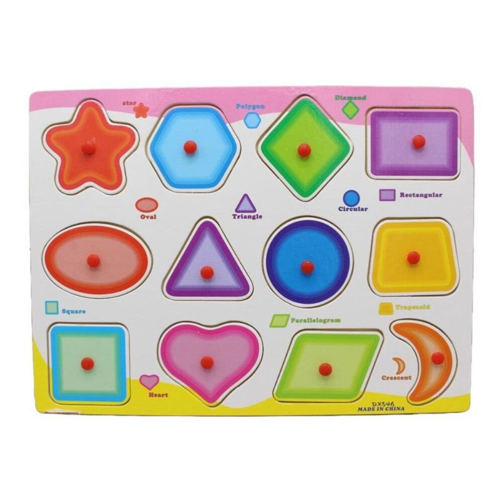 Full view of the Wooden Shapes Peg Puzzle Board showcasing colorful shapes and pegs for interactive learning and shape recognition