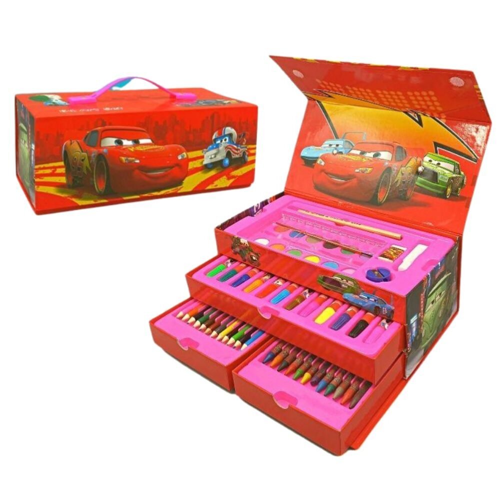 Cars themed 54-piece art set with drawers, complete with paints, markers, crayons, and more for artistic fun