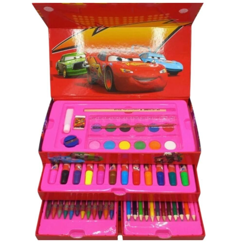 Cars themed 54-piece art set with drawers, complete with paints, markers, crayons, and more for artistic fun