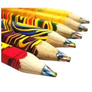 6-in-1 multicoloured pencils pack with sharpener, featuring vibrant colors, hexagonal profile, and smooth lead for creative projects