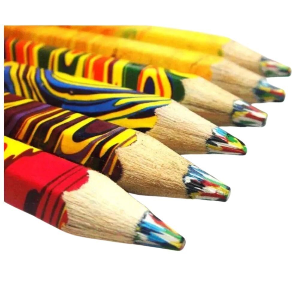 6-in-1 multicoloured pencils pack with sharpener, featuring vibrant colors, hexagonal profile, and smooth lead for creative projects