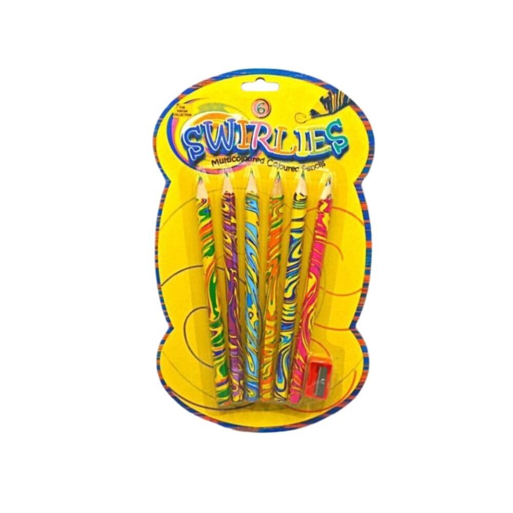6-in-1 multicoloured pencils pack with sharpener, featuring vibrant colors, hexagonal profile, and smooth lead for creative projects