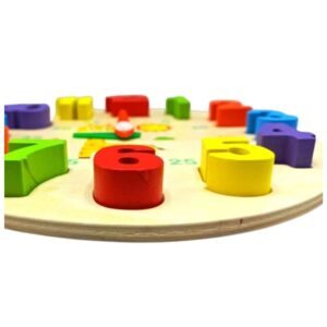 Close-up of the colorful numbers and clock hands