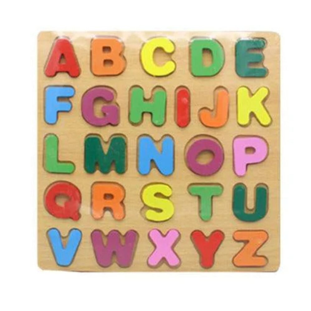 Close-up of the ABC puzzle pieces on the 3D Wooden Puzzle Board, helping children learn the alphabet.