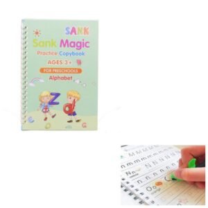 A child practicing handwriting on a magic practice copybook with a pen