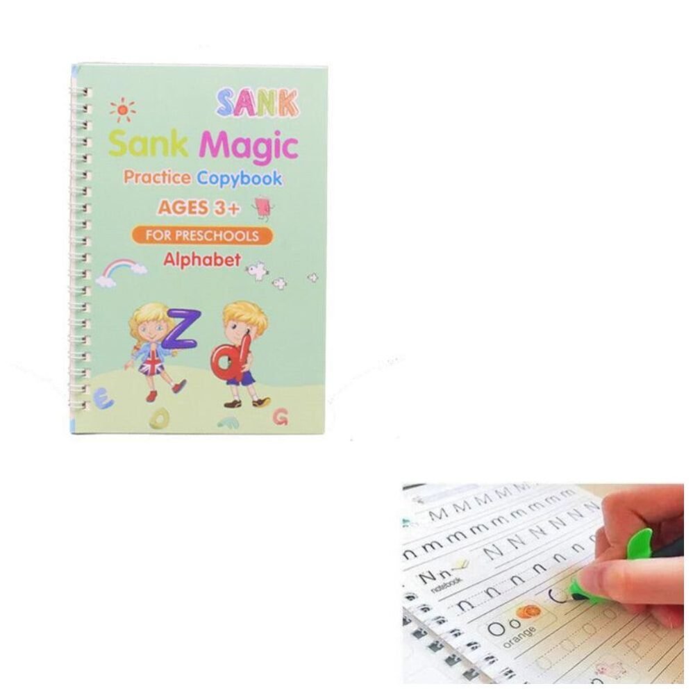 A child practicing handwriting on a magic practice copybook with a pen