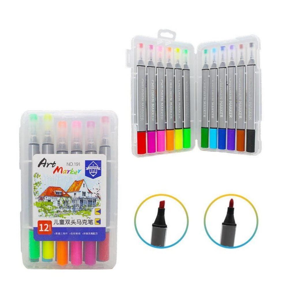Set of 12 double-sided art markers in vibrant colors, perfect for kids' creative drawing, coloring, and decorating
