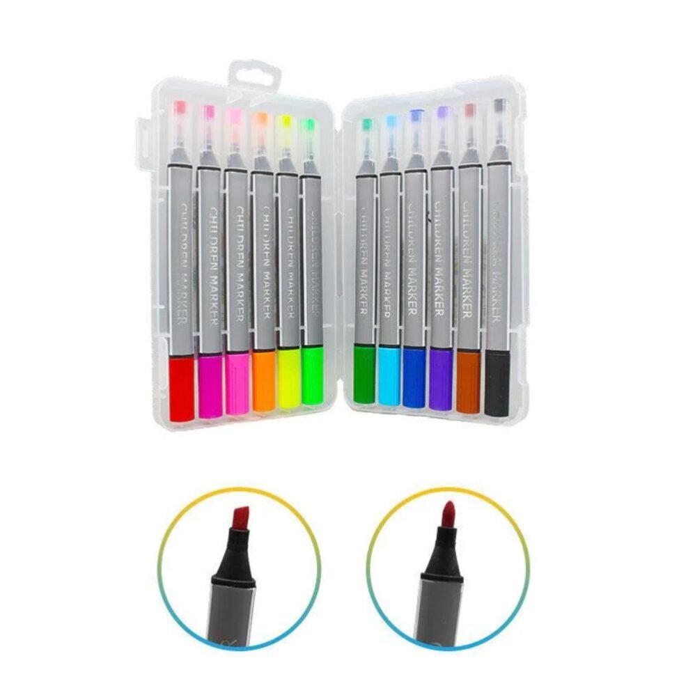 Set of 12 double-sided art markers in vibrant colors, perfect for kids' creative drawing, coloring, and decorating