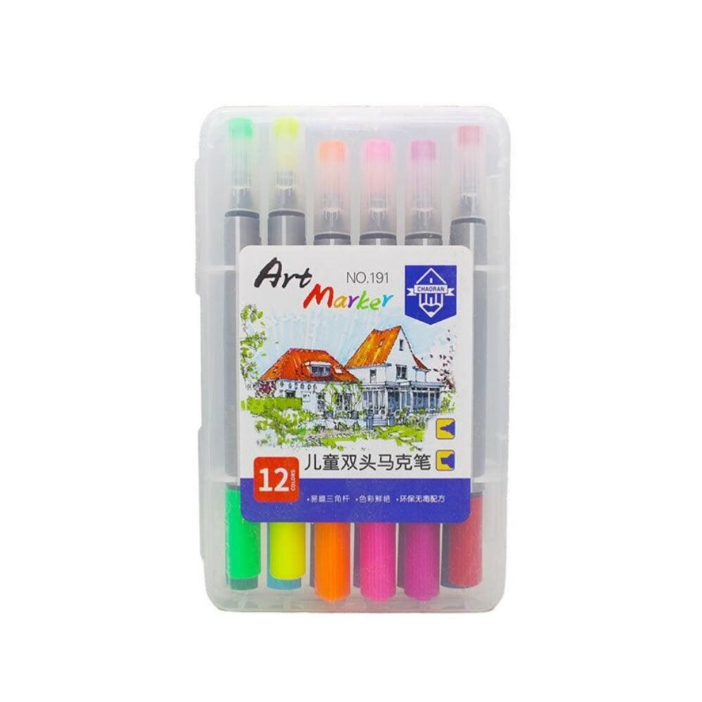 Set of 12 double-sided art markers in vibrant colors, perfect for kids' creative drawing, coloring, and decorating