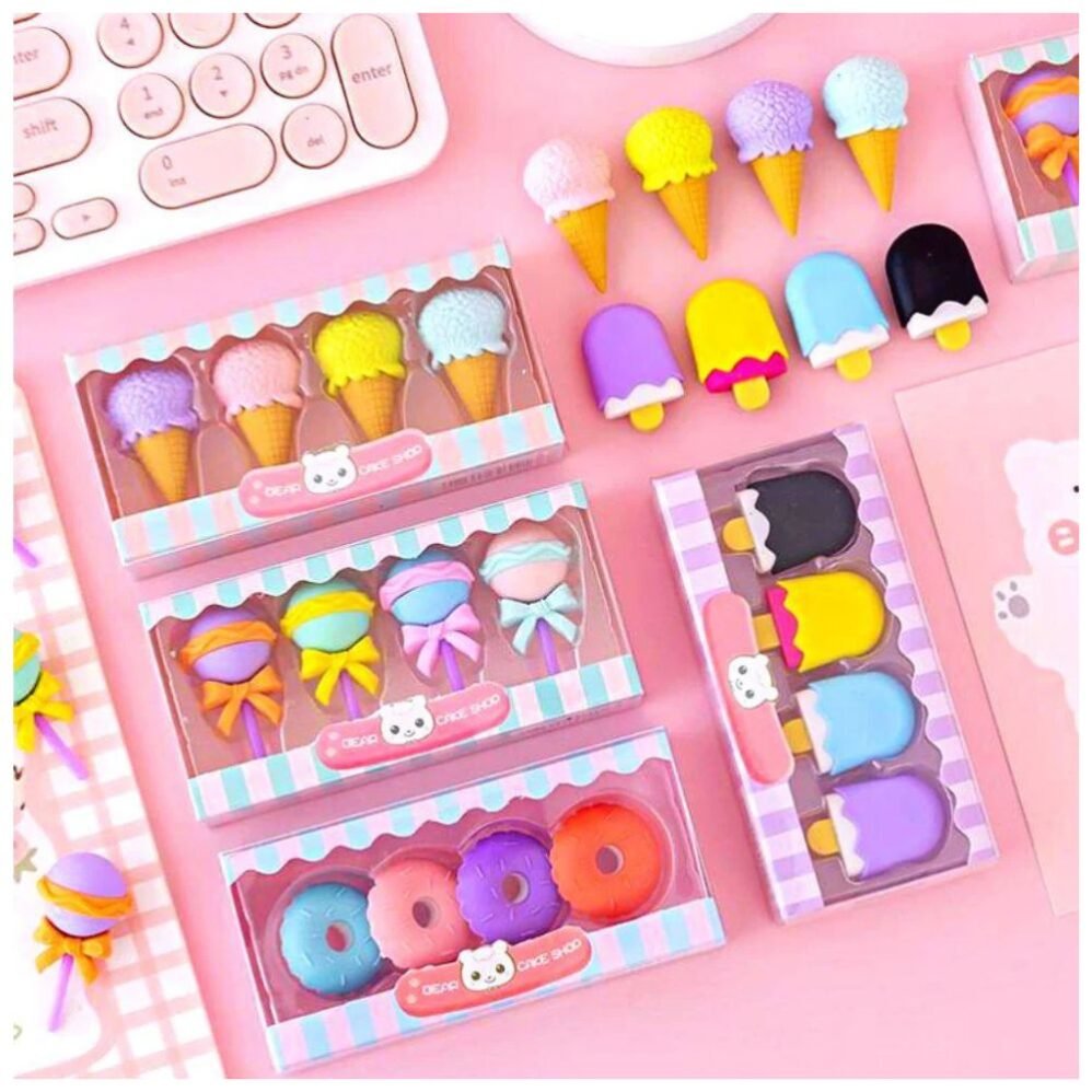 4-in-1 desserts eraser set featuring colorful donut, popsicle stick, lollipop, and cone shapes.
