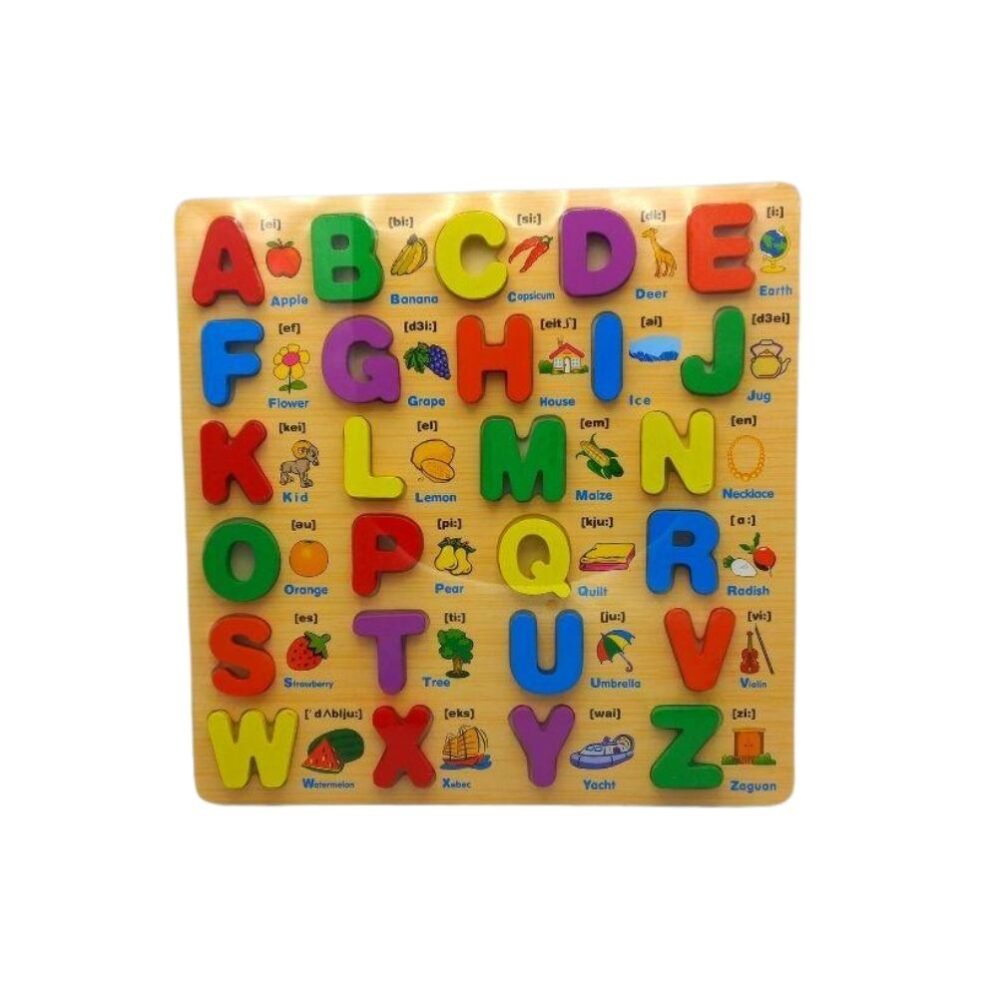 A vibrant wooden alphabet board with colorful 3D letters arranged neatly on a table