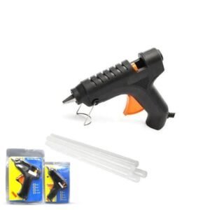 Hot glue gun for crafting and DIY projects, with heating element, trigger, and nozzle for precise adhesive application.