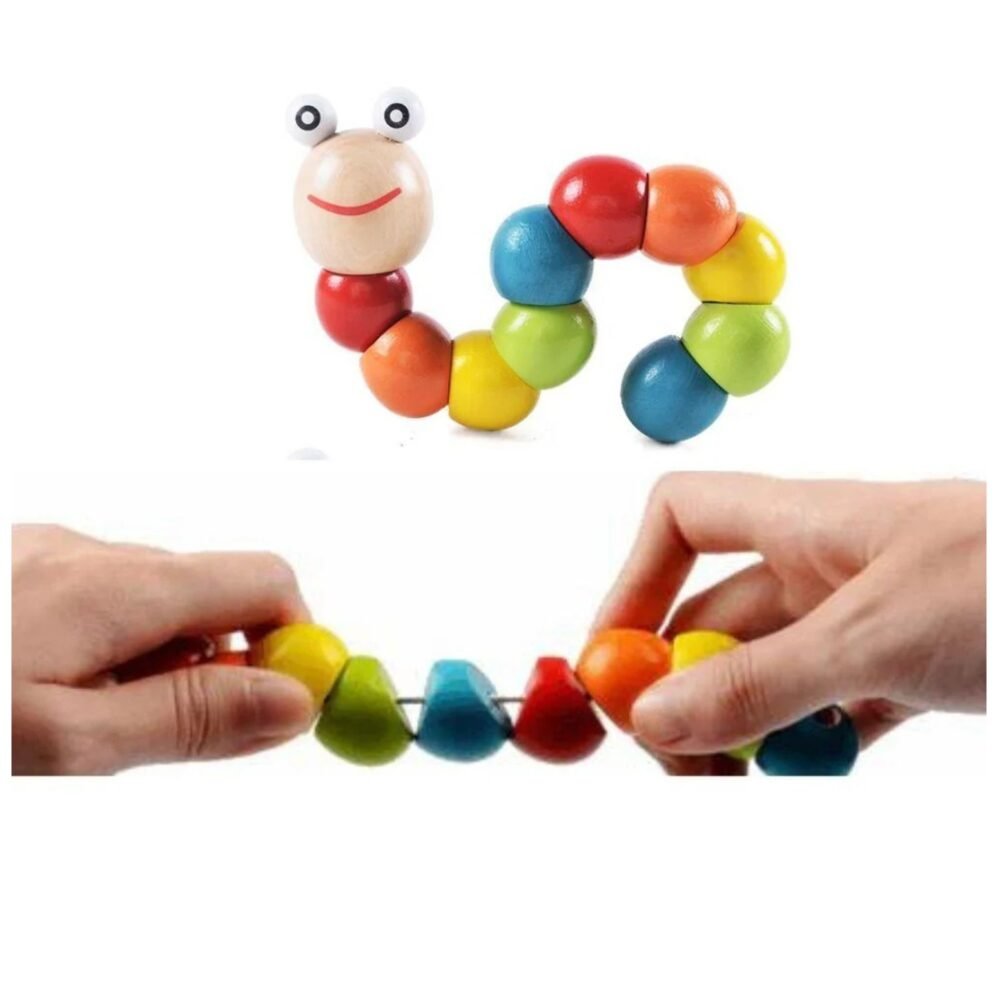 Child holding a wooden caterpillar toy, showcasing its flexibility.