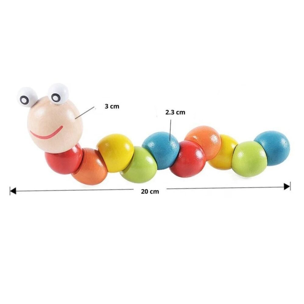 Close-up of wooden caterpillar toy showing high-quality craftsmanship.